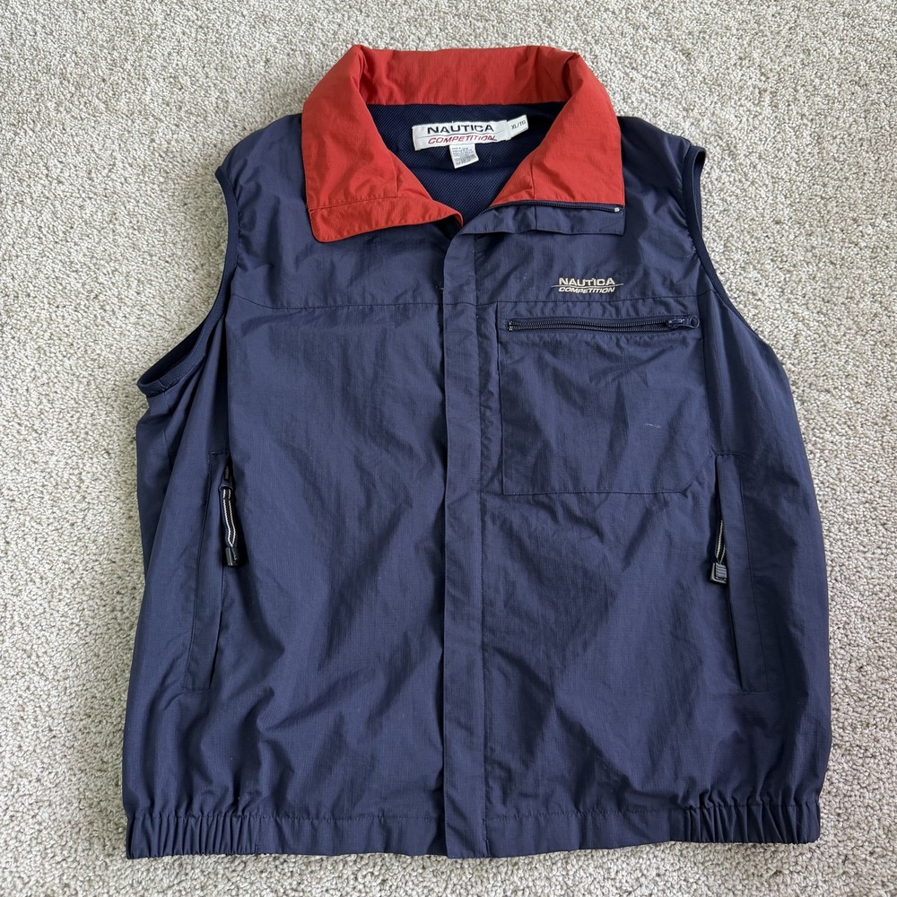 Y2K Nautica Competition Vest Mens XL Blue Nylon Windbreaker Lined Zip Pockets